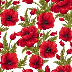 Wallpaper murals Poppies Vector seamless pattern with red poppies. Hand-drawn floral background. 