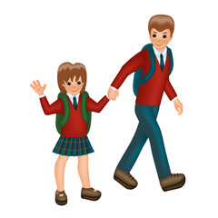 Big brother leads little sister to school. The girl stretching her hand up for greeting. Children in school uniform go hand in hand.. Back to school, cartoon character isolated on white background.