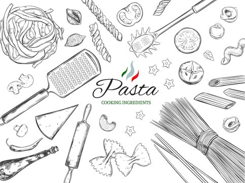 Cooking Italian Pasta template. Different types of pasta. Vector hand drawn illustration. Isolated objects on white. Sketch style