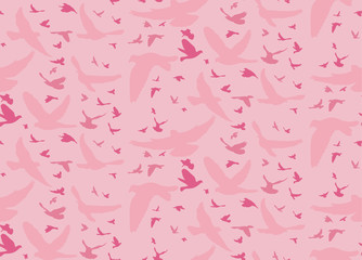 Vector pink silhouette of birds pattern, seamless background