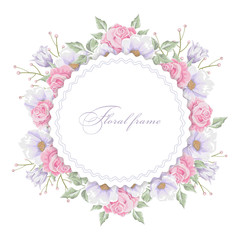 Floral round frame with  bouquets of flowers. Vector border.