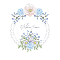 Floral round frame with     bouquets of blue flowers. Vector border.