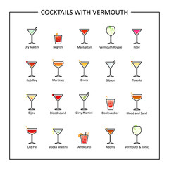 Cocktails with vermouth guide, colored icons on white background. Vector