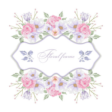 Floral frame with   bouquets of flowers. Vector border.
