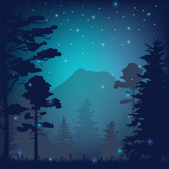 Night in the forest vector illustration with starry sky, trees and mountains