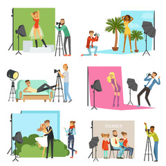 Photographers taking pictures of different people in photo studio with professional photographic equipment vector Illustrations
