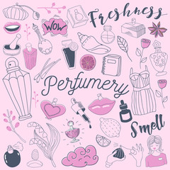 Cosmetics and Perfumery Freehand Doodle. Hand Drawn Perfume Set. Vector illustration