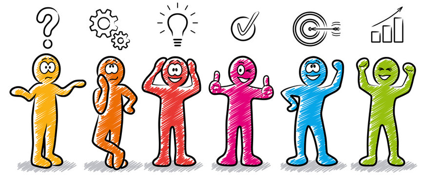 Farbige Strichmännchen mit Gesichtern: Problemlösung / Planungskonzept / Lösungskonzept
