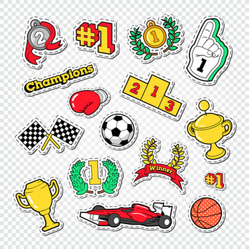 Sports Success Trophy Winner Stickers Set with Medals, Podium and Awards. Vector illustration
