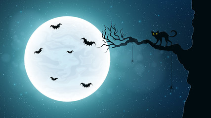 Black cat on a tree against the background of the full moon. Terrible night. Flying bats. Realistic starry sky. Background for Halloween. Vector illustration