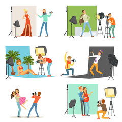 Photo studio set, photographers taking pictures of different people with professional photographic equipment vector Illustrations