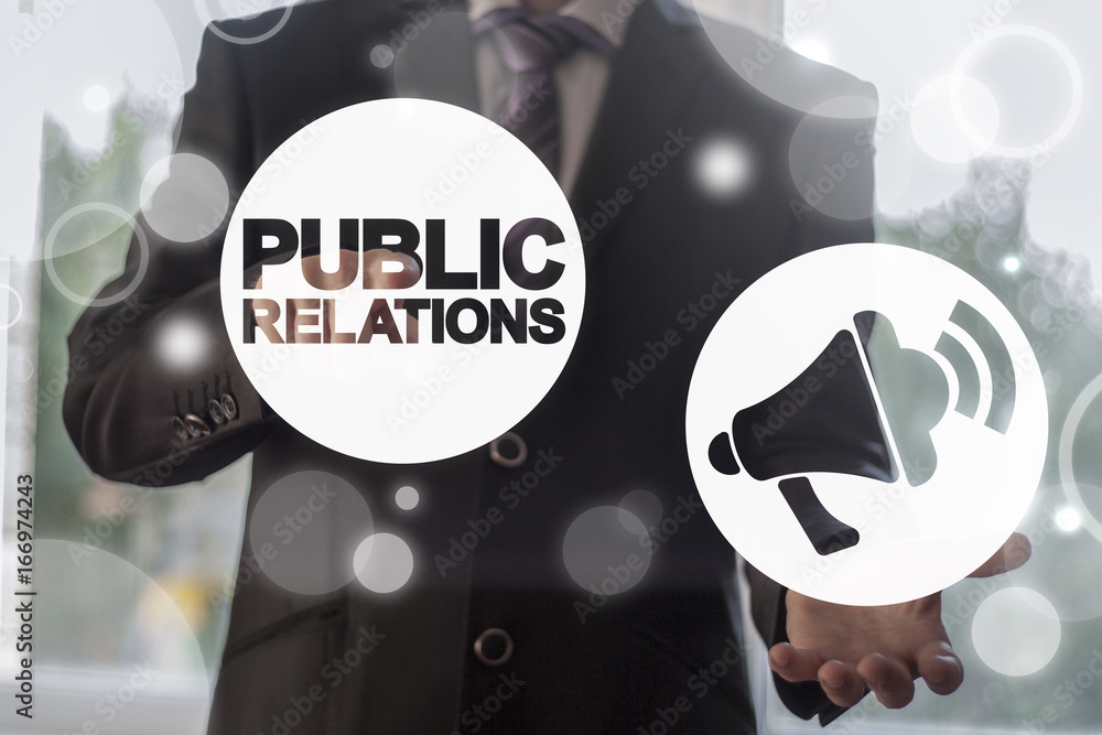 Poster public relations (pr) concept. man presses megaphone button and offers pr icon on a virtual graphica