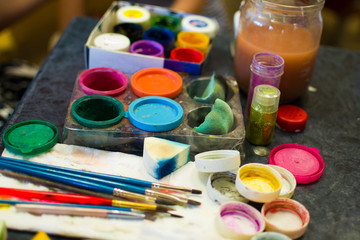 A set of paints for body painting. workplace