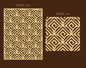 Laser cutting set. Woodcut vector panel. Plywood lasercut greek design. Rising sun seamless pattern for printing, engraving, paper cutting. Stencil meander ornament.