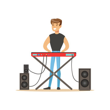 Young man playing electric piano vector Illustration