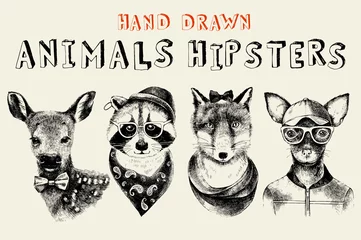 Foto op Canvas Hand drawn animals hipsters set in vintage style © Marina Gorskaya