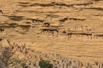 Cliff dwellings along the base of the Bandiagara escarpments, Mali