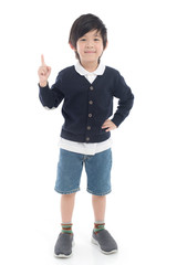 cute Asian child in cardigan on white background isolated