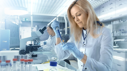 Female Research Scientist Uses Micropipette Filling Test Tubes in a Big Modern Laboratory. In the...