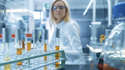 Shot of a Cart with Test-Tubes, Analysis, Beakers and Various Glassware.
