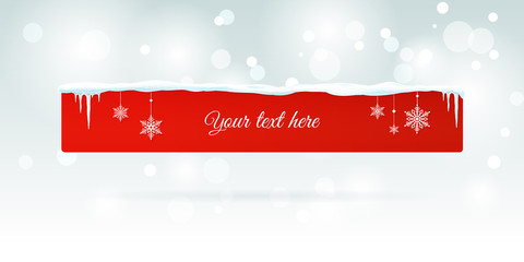 Red empty banner with snow and icicles isolated on silver sparkling background. Vector illustration. Eps 10 file