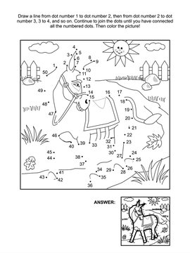Connect the dots picture puzzle and coloring page - donkey. Answer included.

