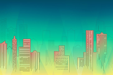 Downtown skyline at night, detailed silhouette. Trendy vector illustration, lineart.