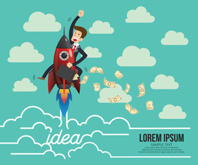 Businessman flying up with a rocket idea engine. Concept business, Start up vector illustration