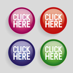 Click here sign icon. Press button. Circle buttons with long shadow. 4 icons set. Vector