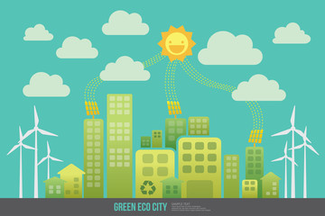 Fototapeta premium Green energy urban landscape vector. Ecology nature, eco house building. Green energy eco city vector landscape illustration