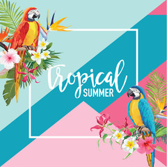Tropical Flowers and Parrot Birds Summer Banner, Graphic Background, Exotic Floral Invitation, Flyer or Card. Modern Front Page in Vector
