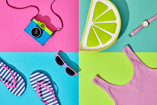 Fashion Film Camera, Retro Design. Summer Clothes Accessories Set. Pop Art Style. Glamor Lime Citrus Clutch, Trendy fashion Sunglasses. Hipster Beach Outfit. Hot summer color.Creative Bright Concept