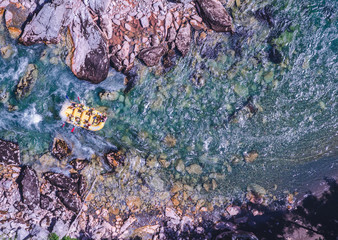 Rafting on a mountain river. Aerial view.