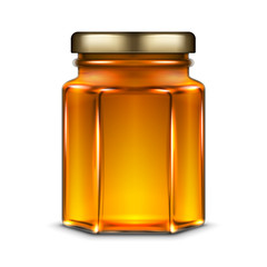 Vector hexagonal glass jar with honey. Realistic template illustration isolated over white background.