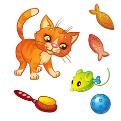 Ginger cat and cat object set, items, food and stuff, vector cartoon illustration. Isolated on a white background.