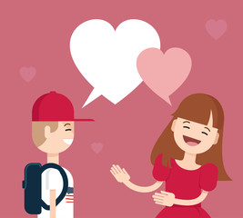 Lovely girl and boy.Kids conversation with heart-shaped bubble speech. Vector illustration of happy children in love
