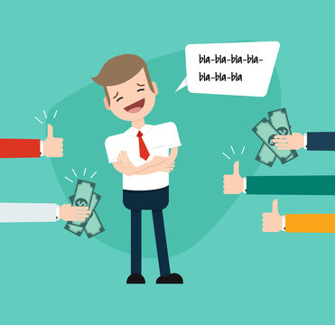 Businessman posing, talking and demonstrating self-confidence. Vector illustration