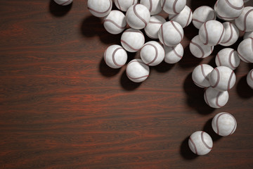 Many baseball or softball balls on wooden background. 3D rendered illustration.