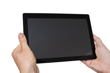 Man holds tablet in hands. Isolated on white background.