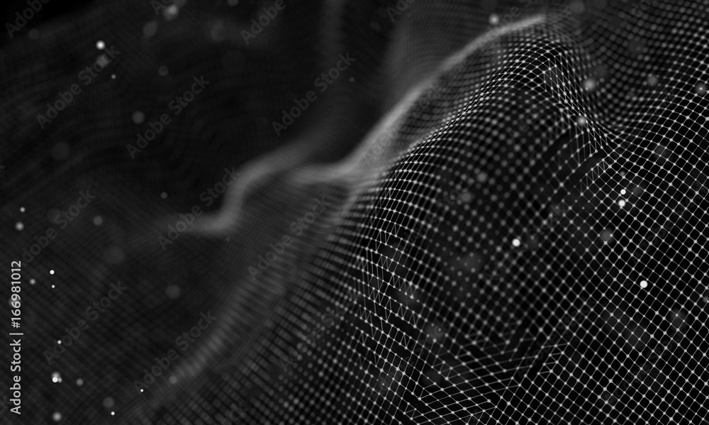 Poster Data technology abstract futuristic illustration . Low poly shape with connecting dots and lines on dark background. 3D rendering . Big data visualization .