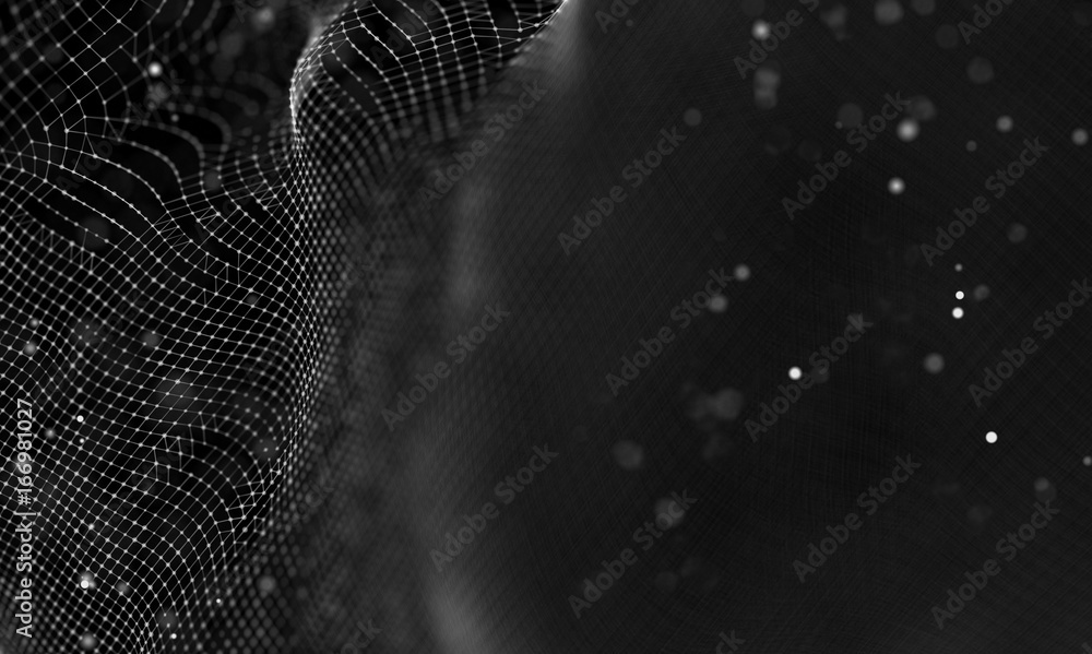 Poster Data technology abstract futuristic illustration . Low poly shape with connecting dots and lines on dark background. 3D rendering . Big data visualization .