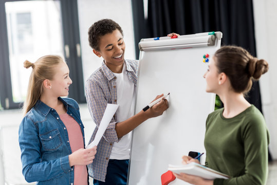 African American Boy Writing On White Board While Discussing Project With Classmates