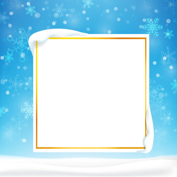 Blank rectangle frame with copy space and winter snow flake falling into snow floor  and lighting over blue abstract background for winter celebration and christmas promotion template 