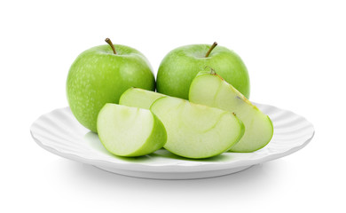 green apple in plate on white background