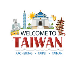 Taiwan lettering sticker header message with traditional sights architecture symbols of country capital
