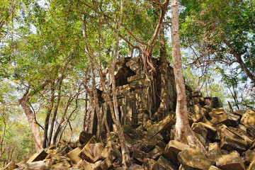 Prasat Beng Mealea in Angkor Complex, Siem Reap, Cambodia. It is largely unrestored, old trees and brush growing near towers and many of its stones lying in great heaps. Ancient Khmer architecture.