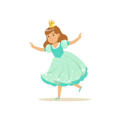 Beautifull little girl princess in a light blue ball dress and golden crown, fairytale costume for party or holiday vector Illustration © topvectors