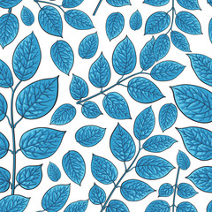 Seamless pattern of beautiful blue birch, honeysuckle leaves, twig, branches, sketch style vector illustration on white background. Hand drawn honeysuckle twig seamless pattern