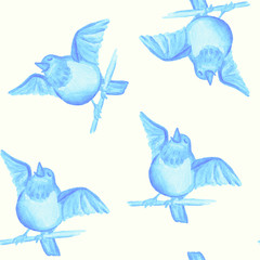 Subtle seamless pattern with blue titmouse. Watercolor hand drawn kids illustration. Hand drawn seamless pattern (tiling) with tomtits. Perfect for textile.