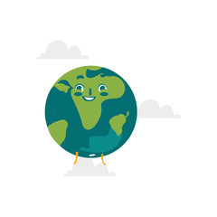 Vector cartoon flat globe happy humanized character with eyes and legs. Expressive emotional illustration isolated on a white background. Flat earth planet with continents, Save the planet concept
